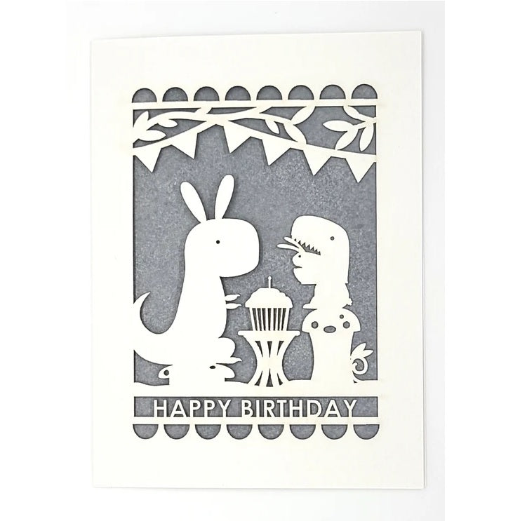 Laser Cut Greeting Card: Happy Birthday Dino and Bunny