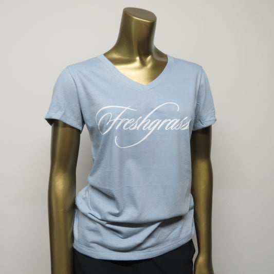FreshGrass Tee: Light Blue with Script - V-Neck for Women