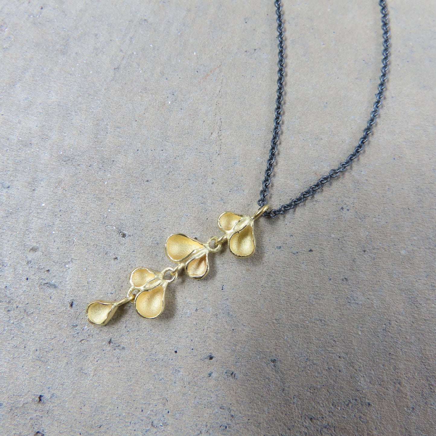 Long Petal Pod Necklace in 18K Gold Vermeil with Oxidized Chain