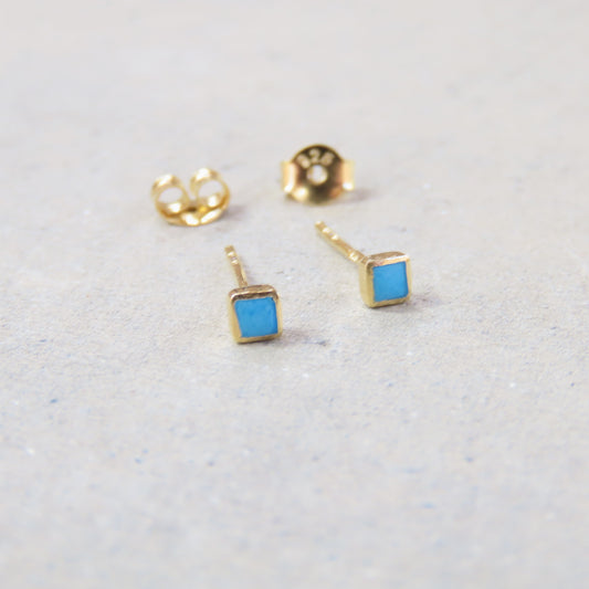 Abstract Studs: Gold Turquoise Squares