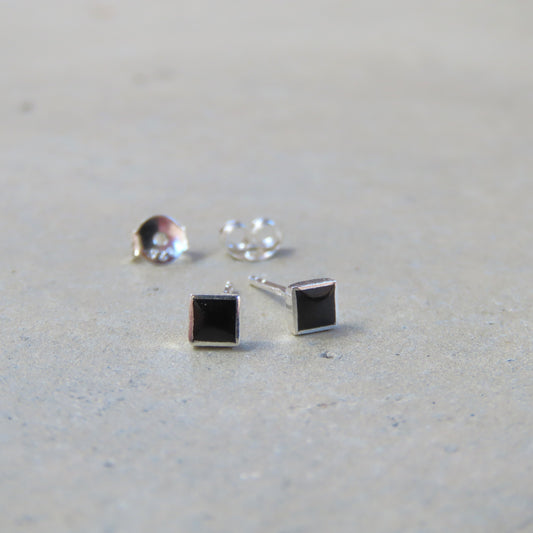 Abstract Studs: Silver Onyx Squares