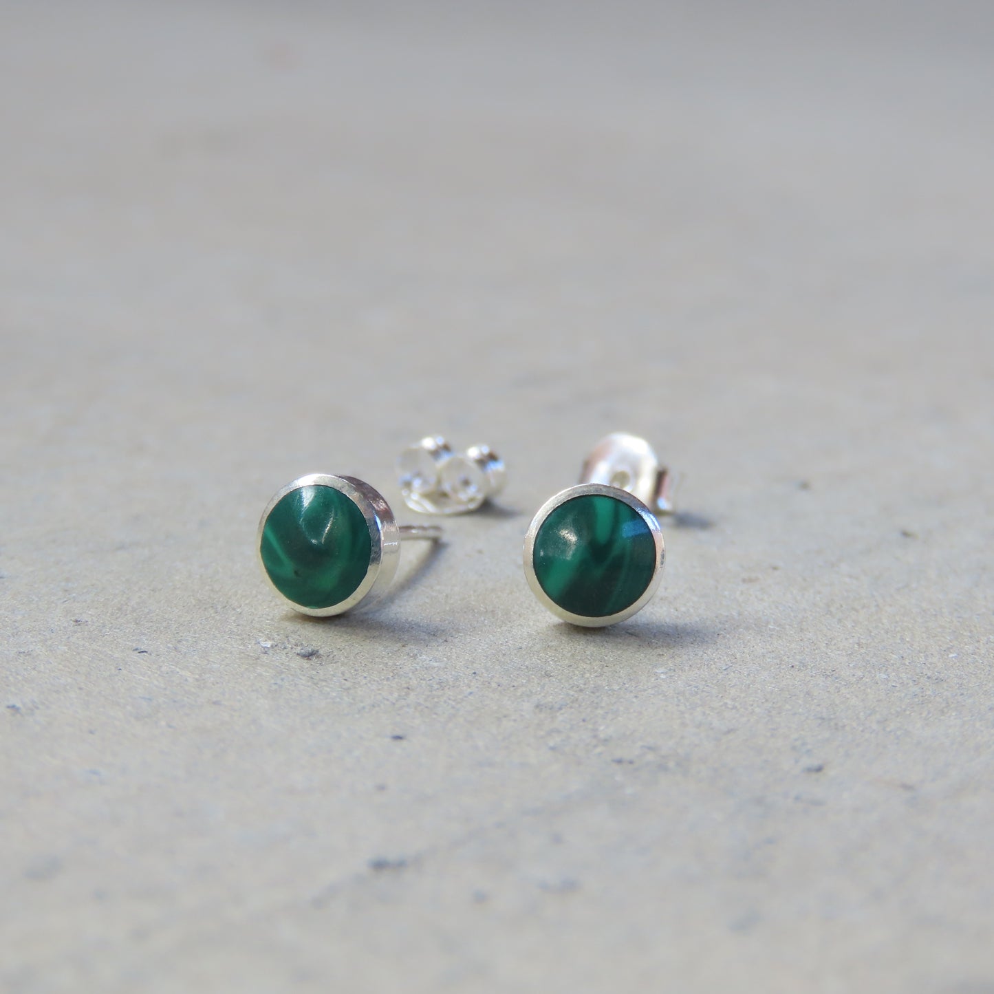 Abstract Studs: Silver and Malachite Circles