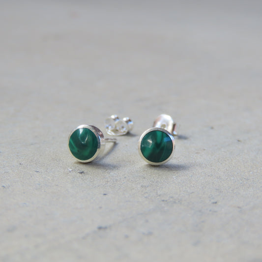 Abstract Studs: Silver and Malachite Circles