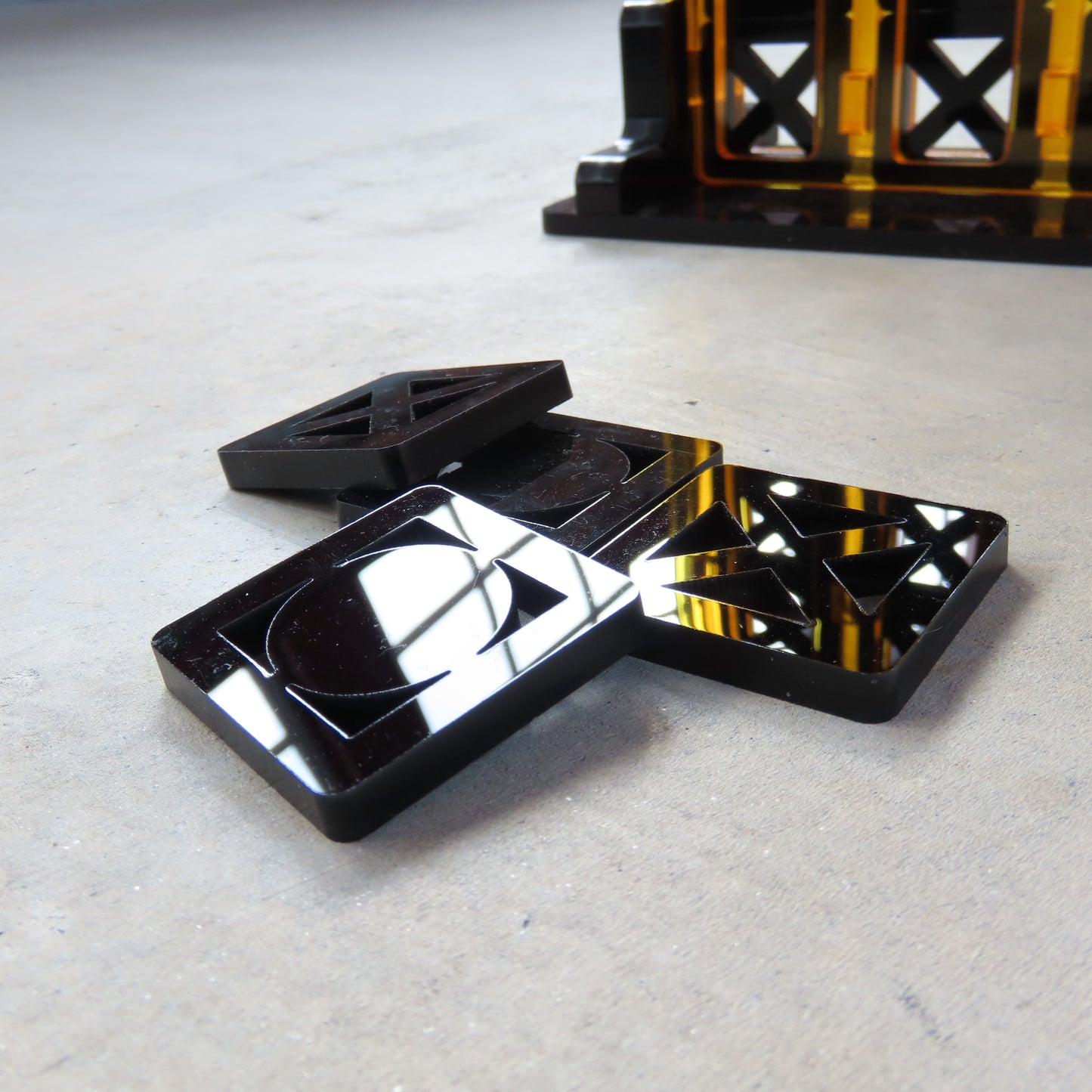 Acrylic Four In A Row Game: Roman Lattice in Black and Gold