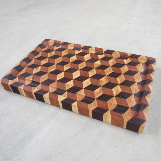 Medium Cutting / Serving Board: Cube Pattern from Maple, Cherry and Walnut