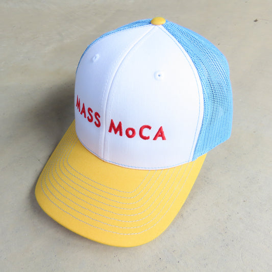 MASS MoCA Two-Tone Trucker Hat: Yellow and Columbia Blue