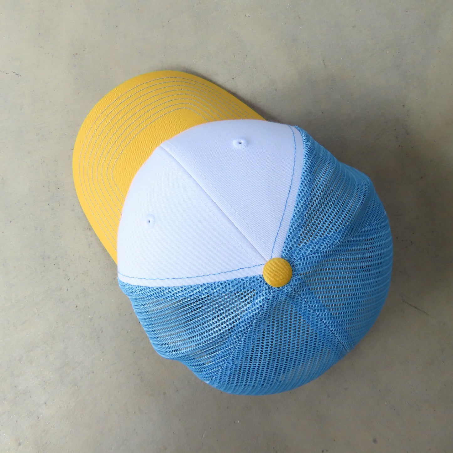 MASS MoCA Two-Tone Trucker Hat: Yellow and Columbia Blue