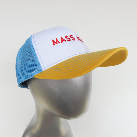 MASS MoCA Two-Tone Trucker Hat: Yellow and Columbia Blue