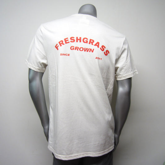 FreshGrass Tee: White with Red Graphics - FG Grown (Unisex)