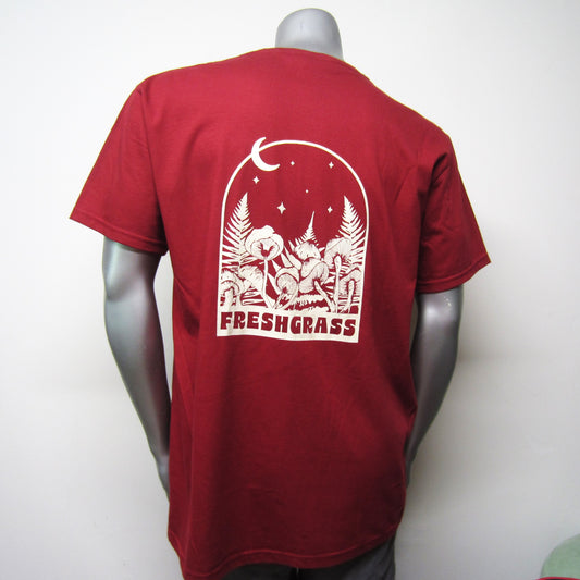 FreshGrass Tee: Maroon Forager with Mushrooms (Unisex)