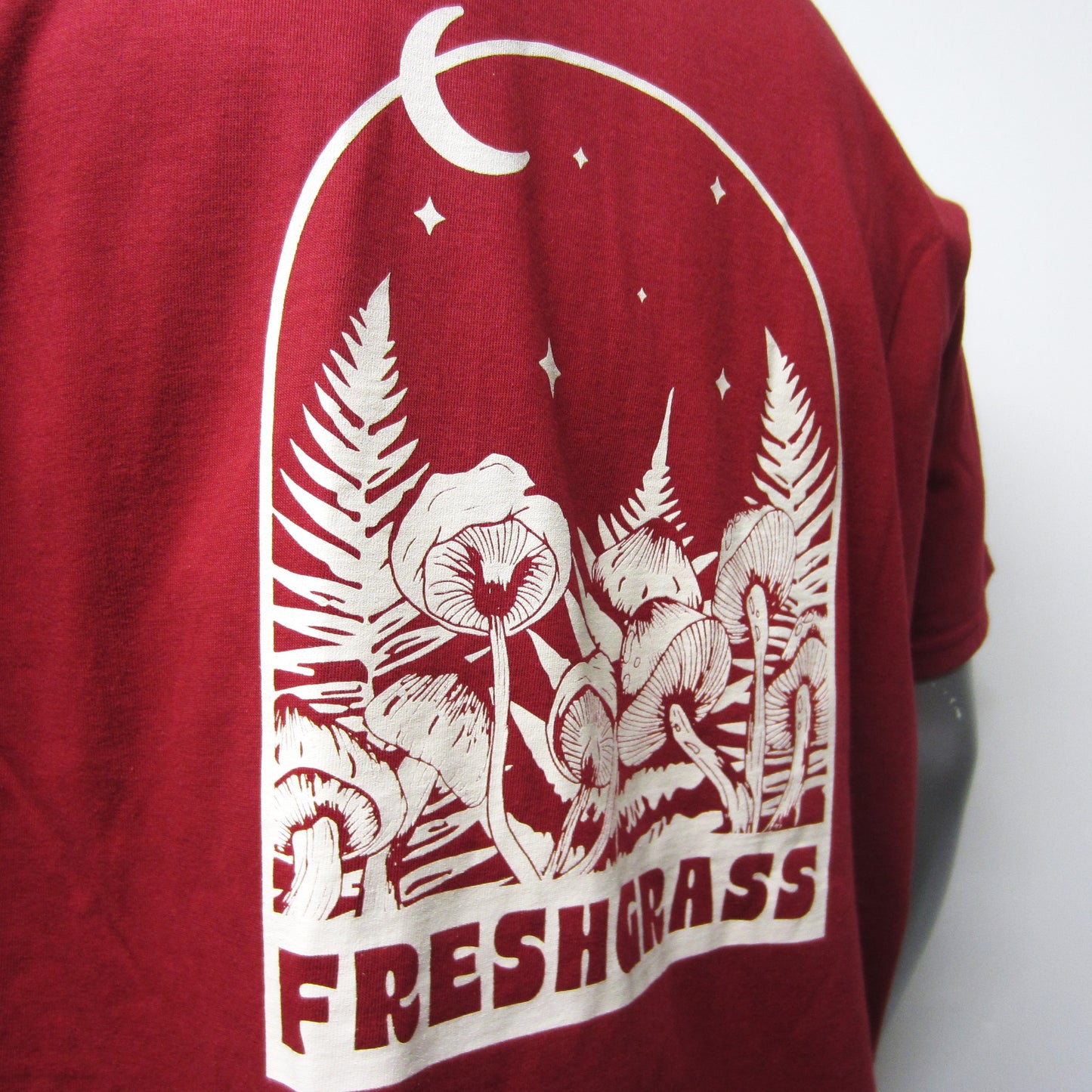 FreshGrass Tee: Maroon Forager with Mushrooms (Unisex)