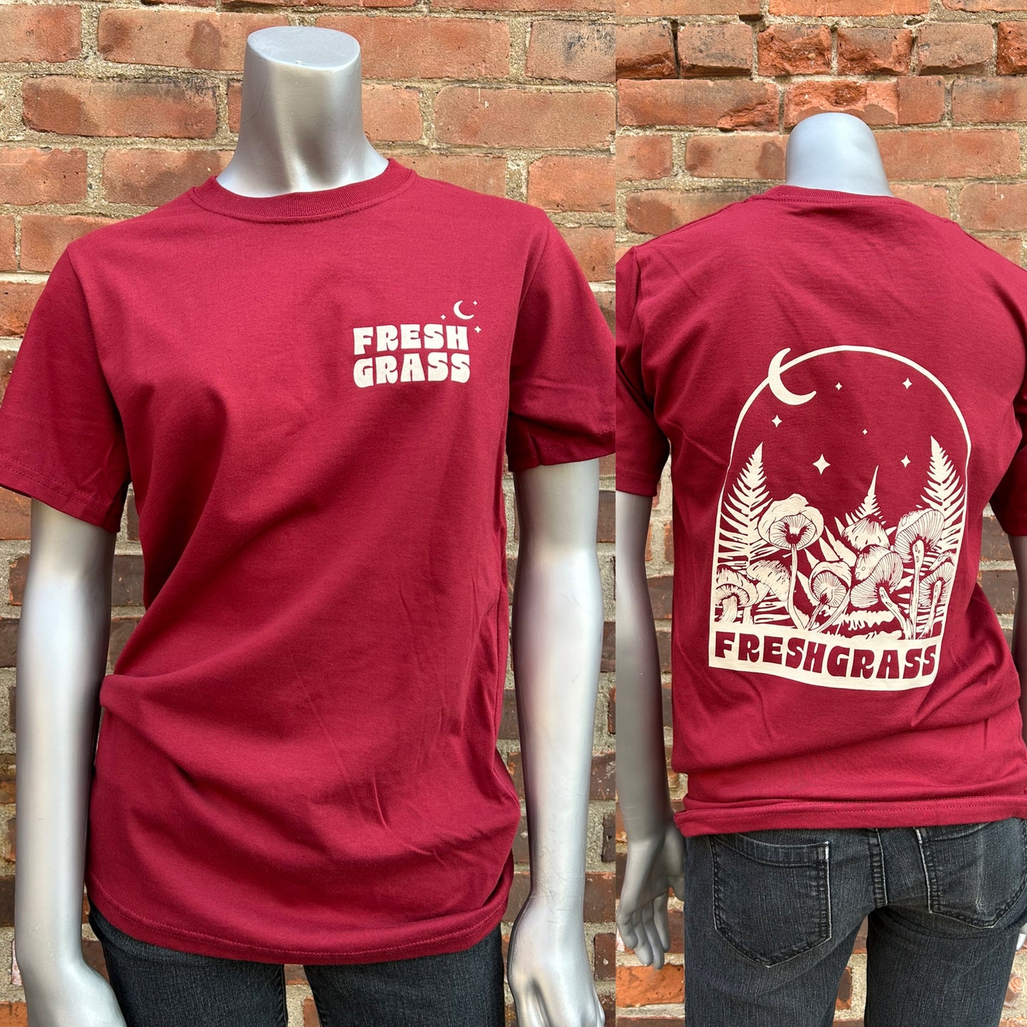 FreshGrass Tee: Maroon Forager with Mushrooms (Unisex)