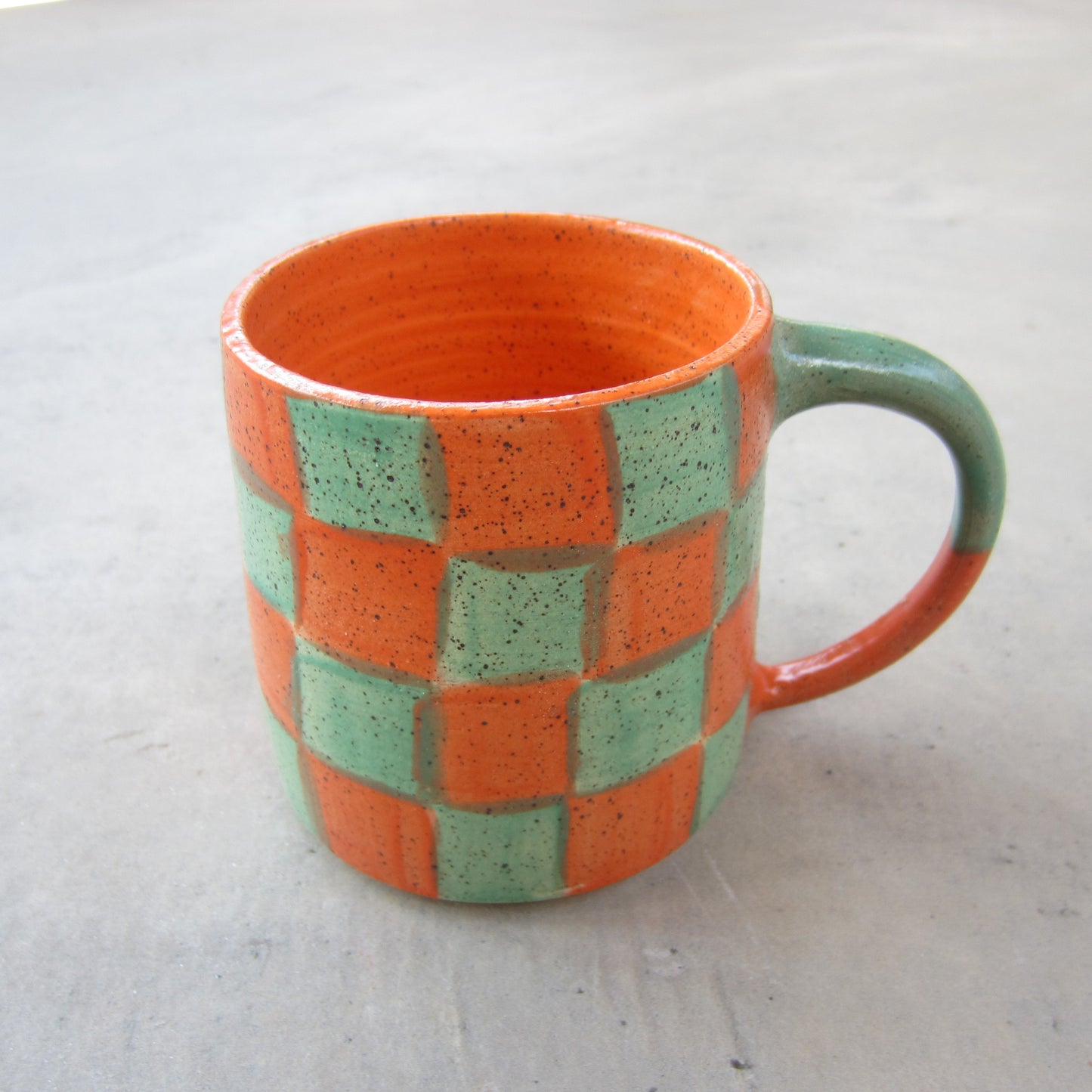 Speckled Stoneware Mug: Green and Orange Checkers