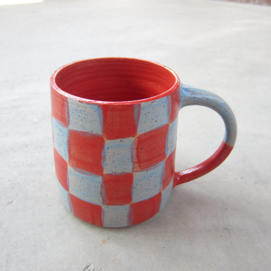 Speckled Stoneware Mug: Red and Pale Blue Checkers