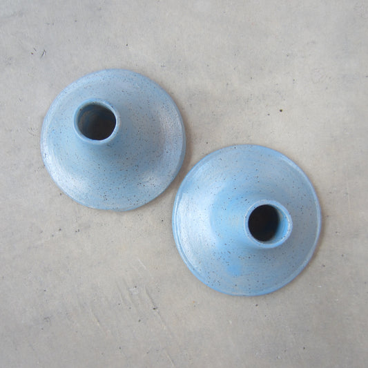 Speckled Stoneware Taper Candle Holders: Set of 2 Light Blue