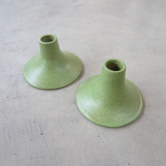 Speckled Stoneware Taper Candle Holders: Set of 2 Avocado Green