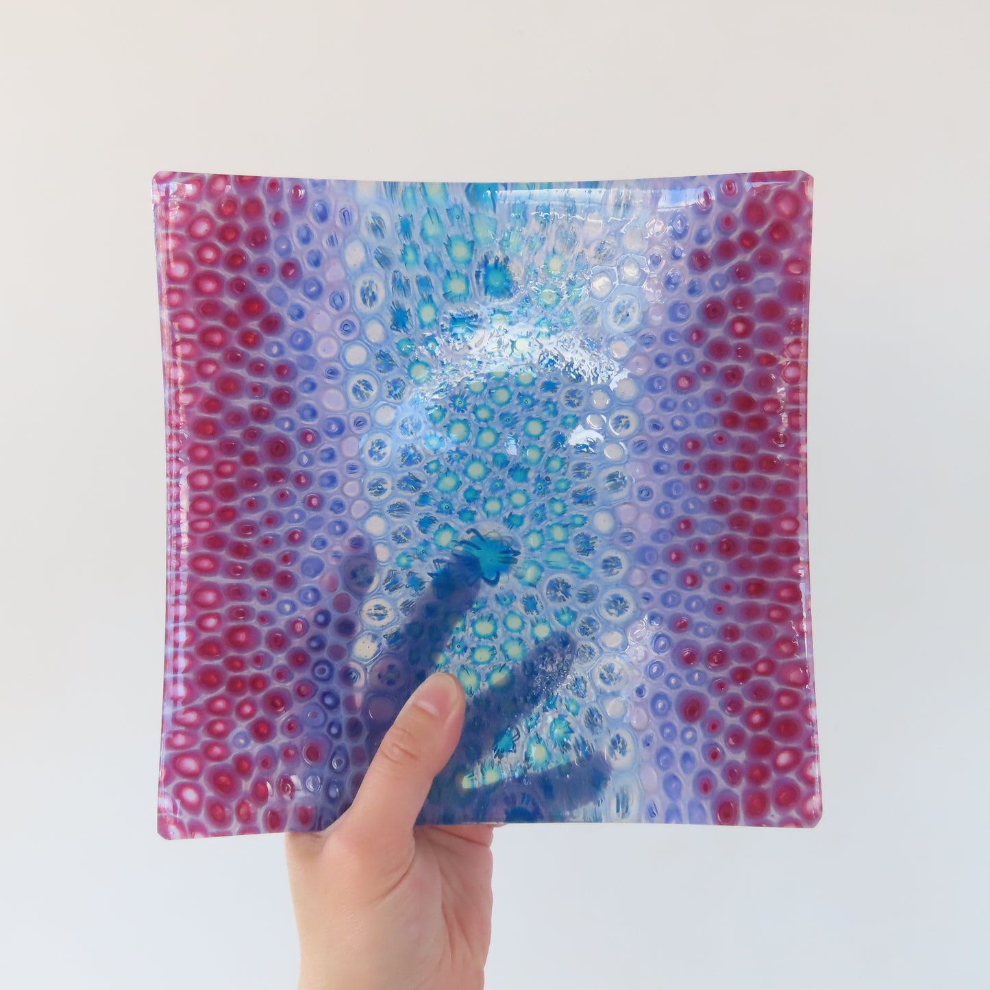 Square Fused Glass Dish: Turquoise and Violet Cell Pattern