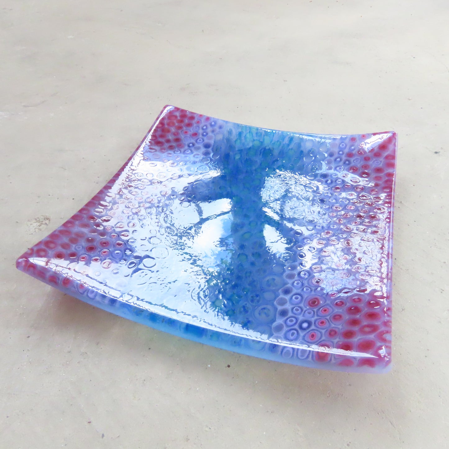 Square Fused Glass Dish: Turquoise and Violet Cell Pattern