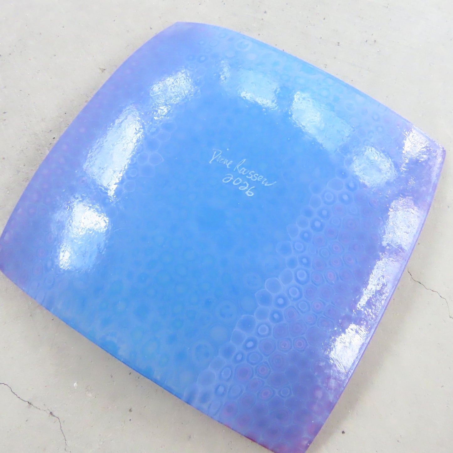 Square Fused Glass Dish: Turquoise and Violet Cell Pattern
