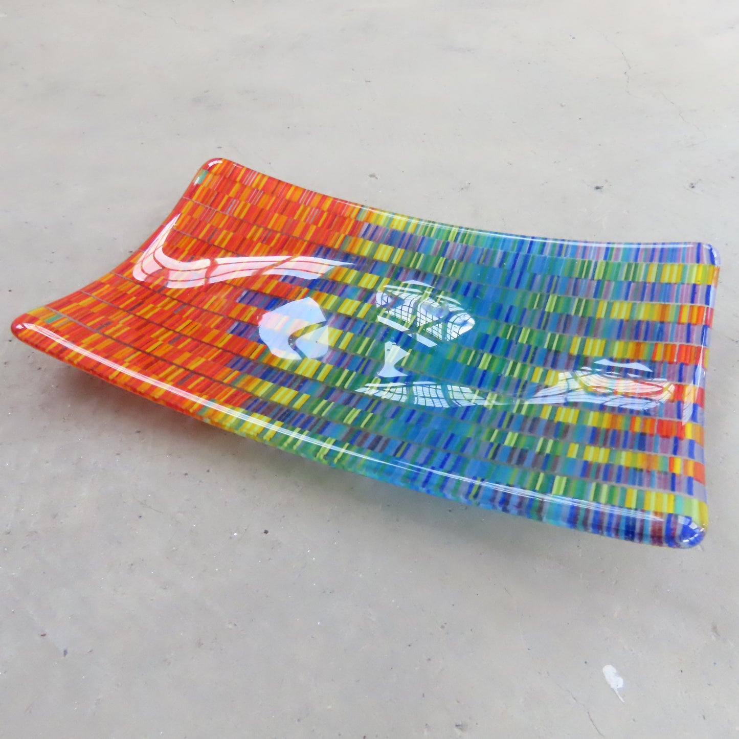 Rectangular Fused Glass Dish: Colorful Tapestry Pattern