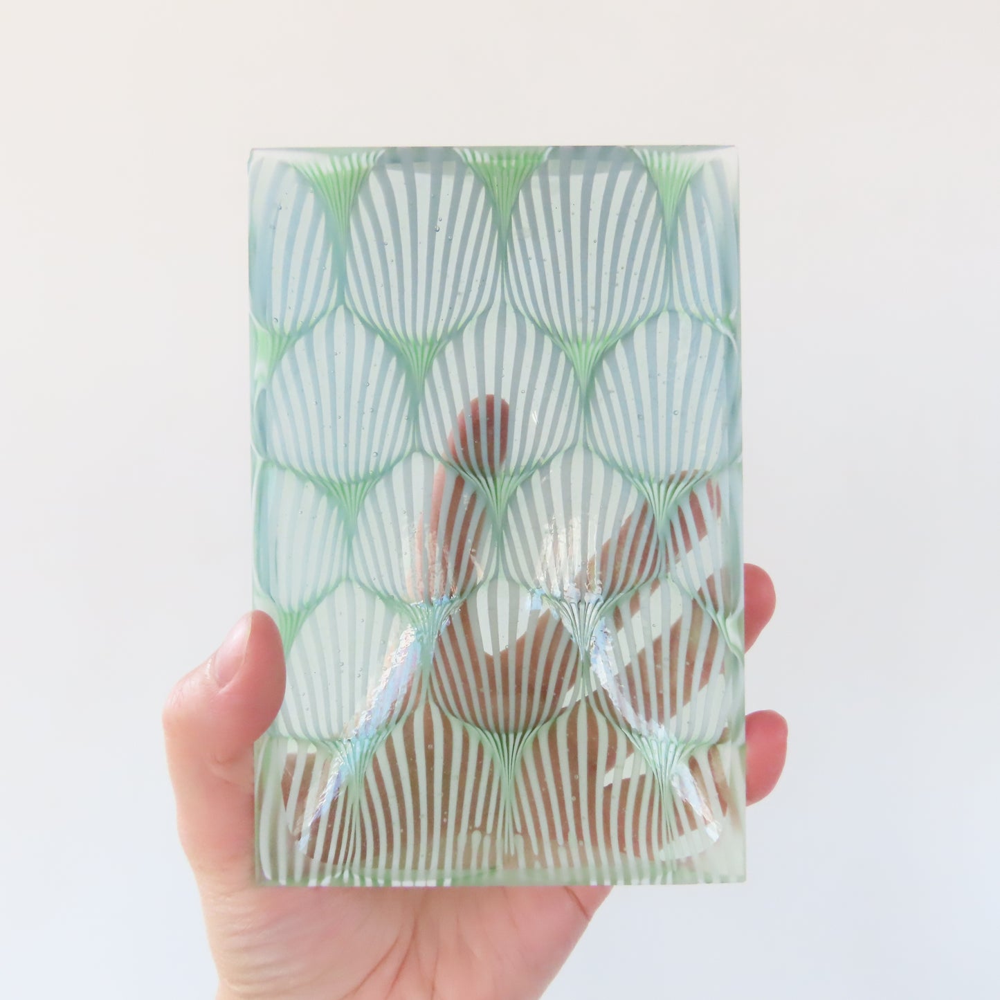 Small Rectangular Fused Glass Bowl: Seafoam Green Optic Pattern