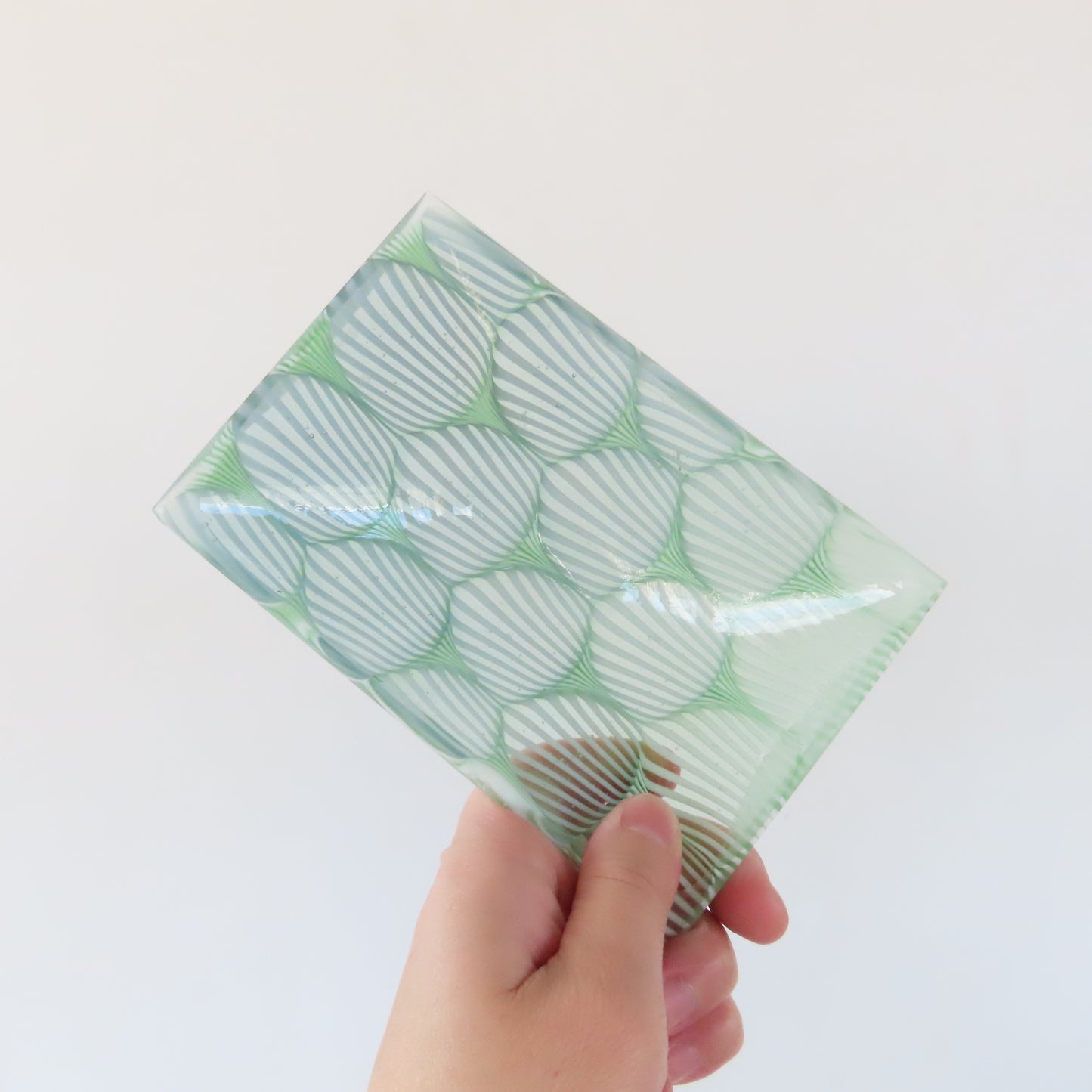 Small Rectangular Fused Glass Bowl: Seafoam Green Optic Pattern