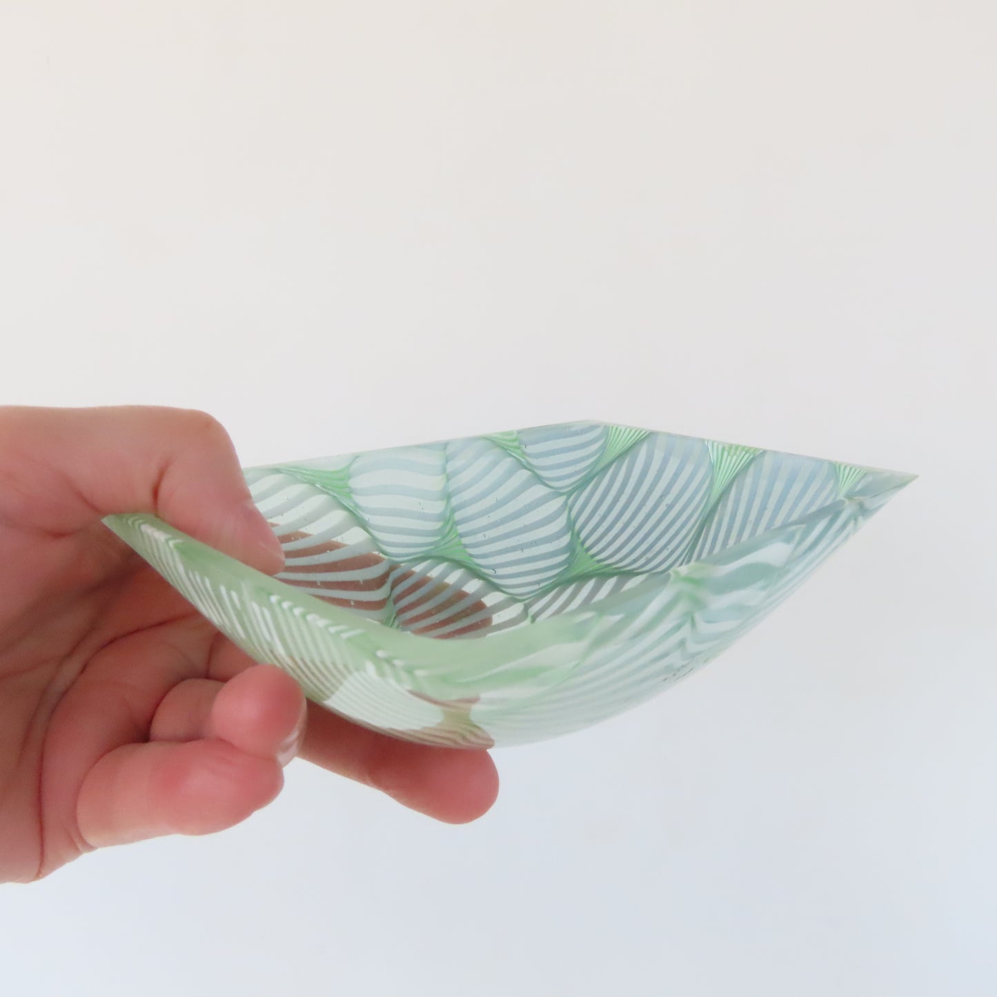 Small Rectangular Fused Glass Bowl: Seafoam Green Optic Pattern