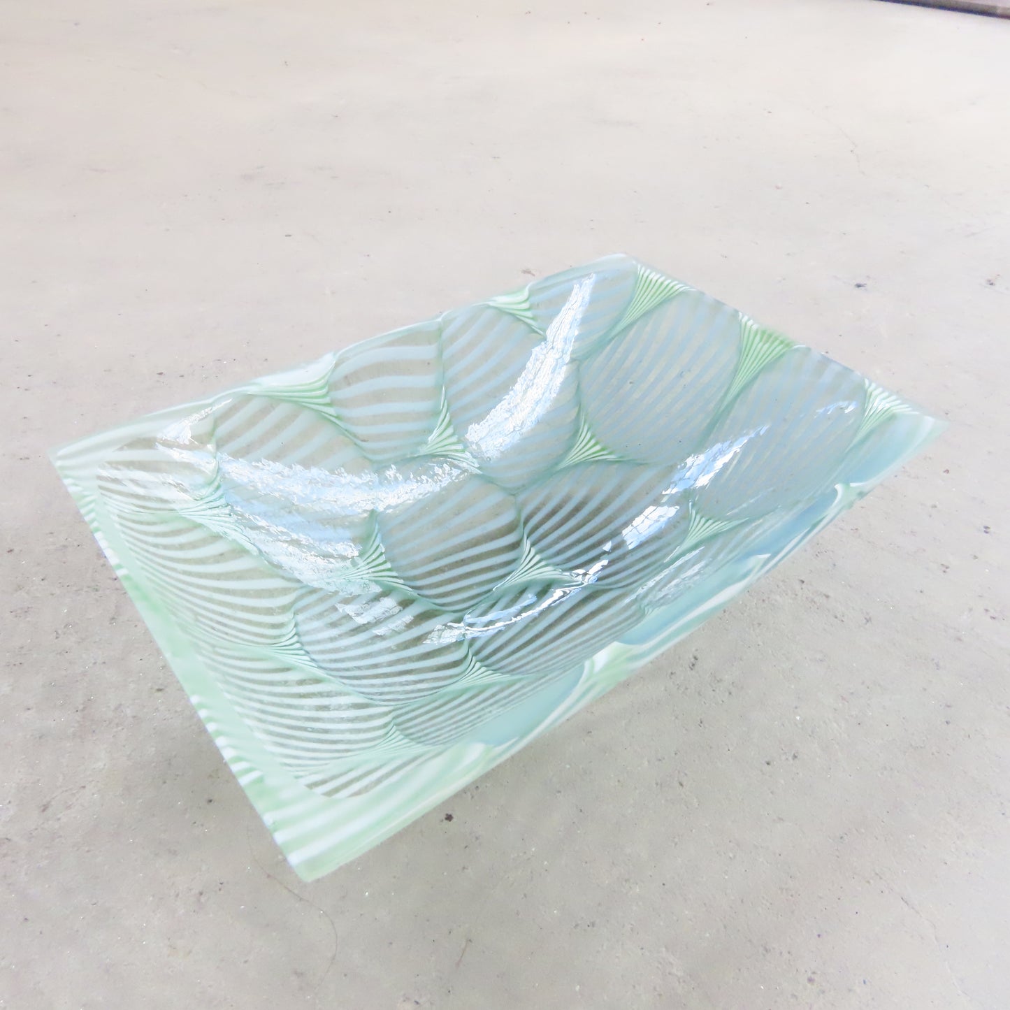 Small Rectangular Fused Glass Bowl: Seafoam Green Optic Pattern
