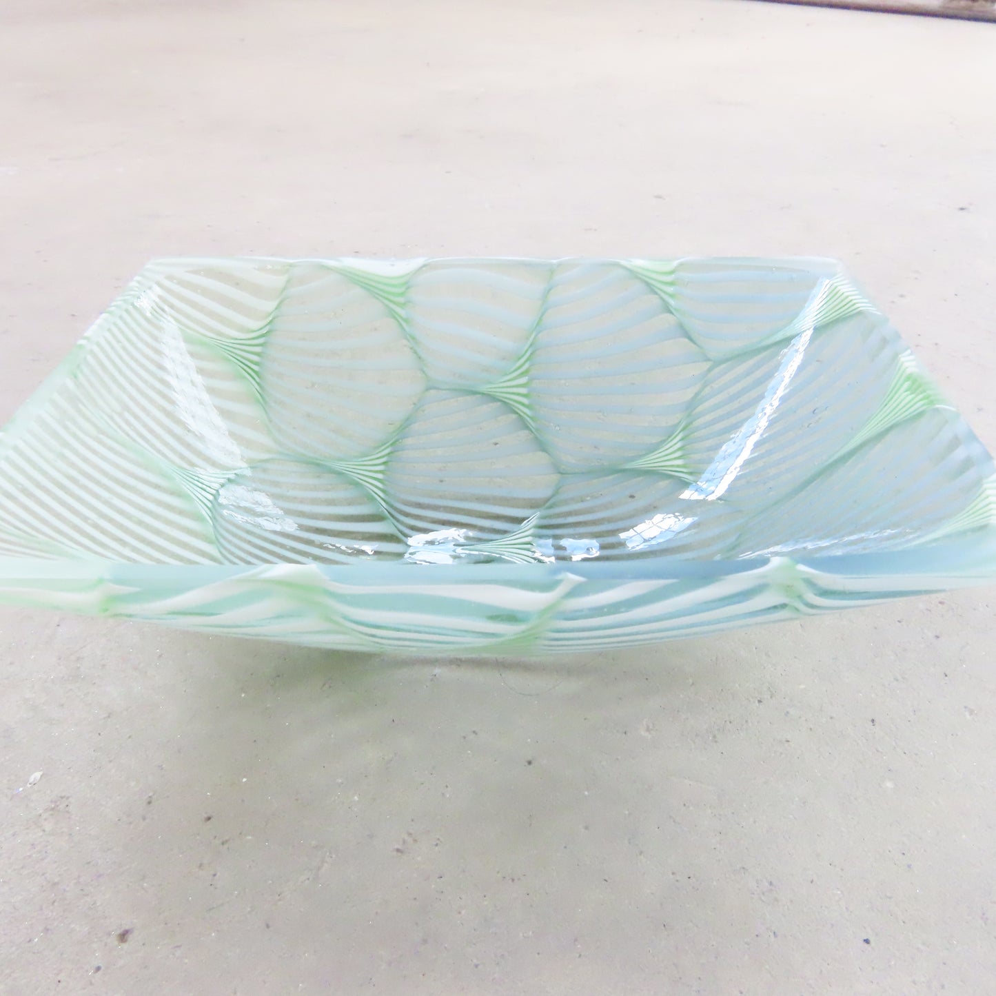 Small Rectangular Fused Glass Bowl: Seafoam Green Optic Pattern