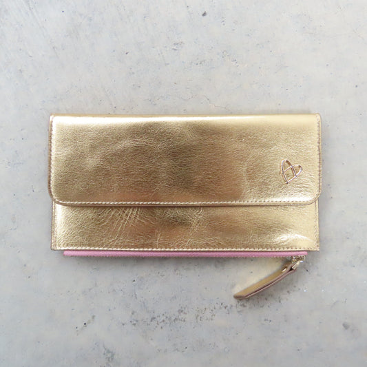 Odele Slim Wallet: Gold with Salmon Zipper