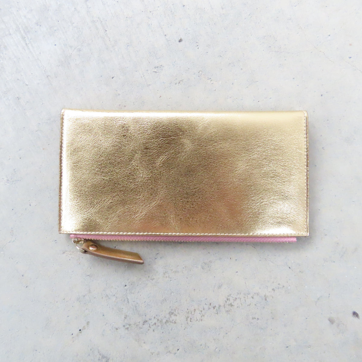 Odele Slim Wallet: Gold with Salmon Zipper
