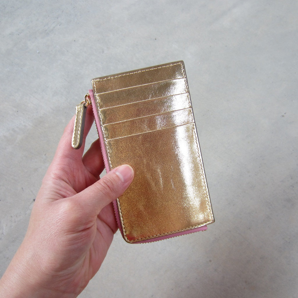 Kate Slim Zip Card Holder: Gold with Pink Zipper