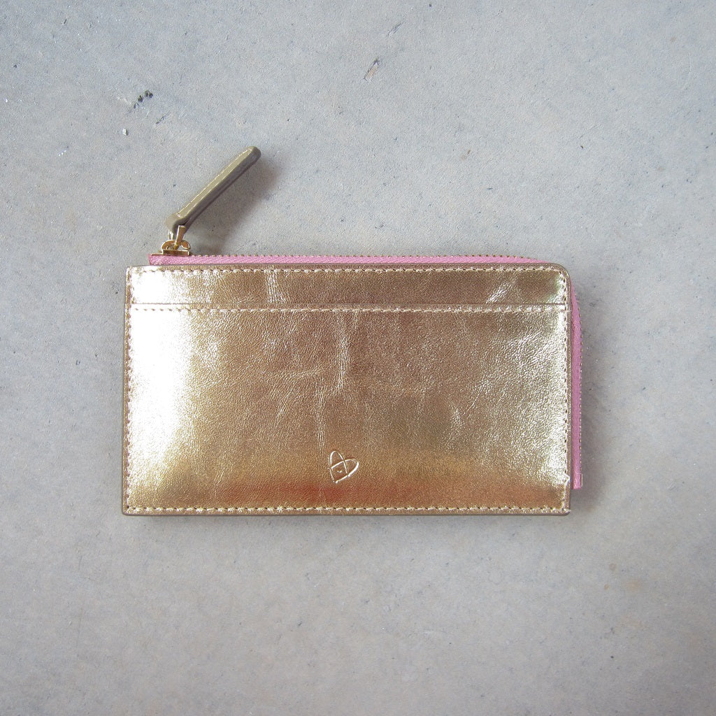 Kate Slim Zip Card Holder: Gold with Pink Zipper