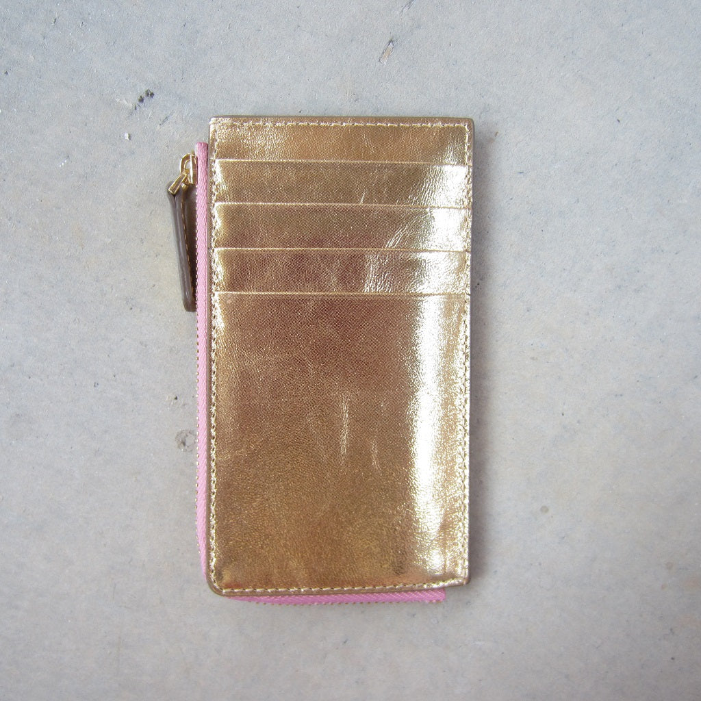 Kate Slim Zip Card Holder: Gold with Pink Zipper