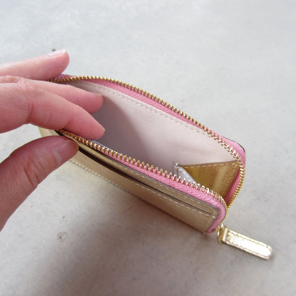 Kate Slim Zip Card Holder: Gold with Pink Zipper