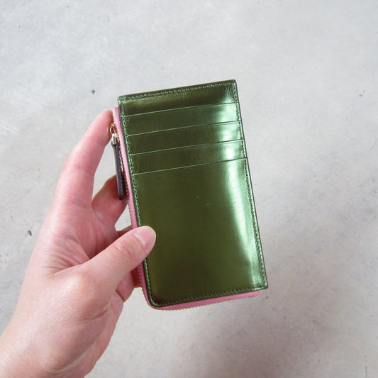 Kate Slim Zip Card Holder: Green with Salmon Zipper