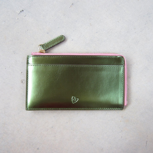 Kate Slim Zip Card Holder: Green with Salmon Zipper