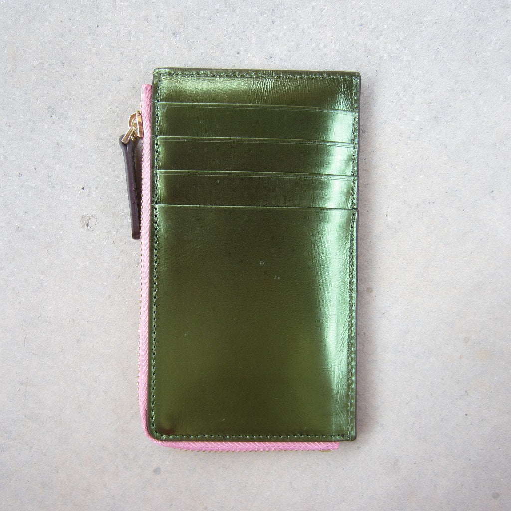 Kate Slim Zip Card Holder: Green with Salmon Zipper