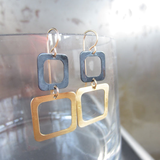 Brass and Oxidized Two Square Earrings