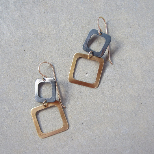 Brass and Oxidized Two Square Earrings