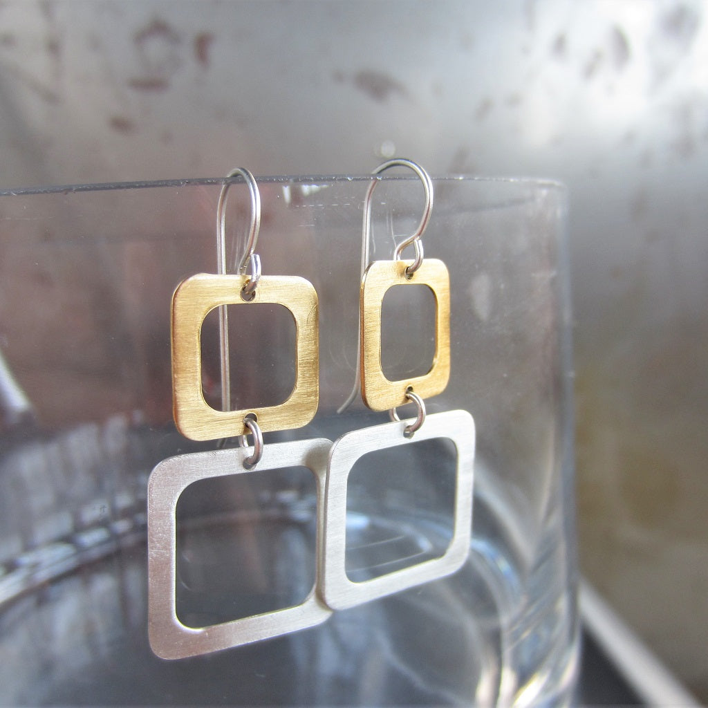 Silver and Brass Two Square Earrings