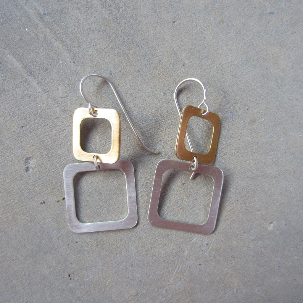 Silver and Brass Two Square Earrings