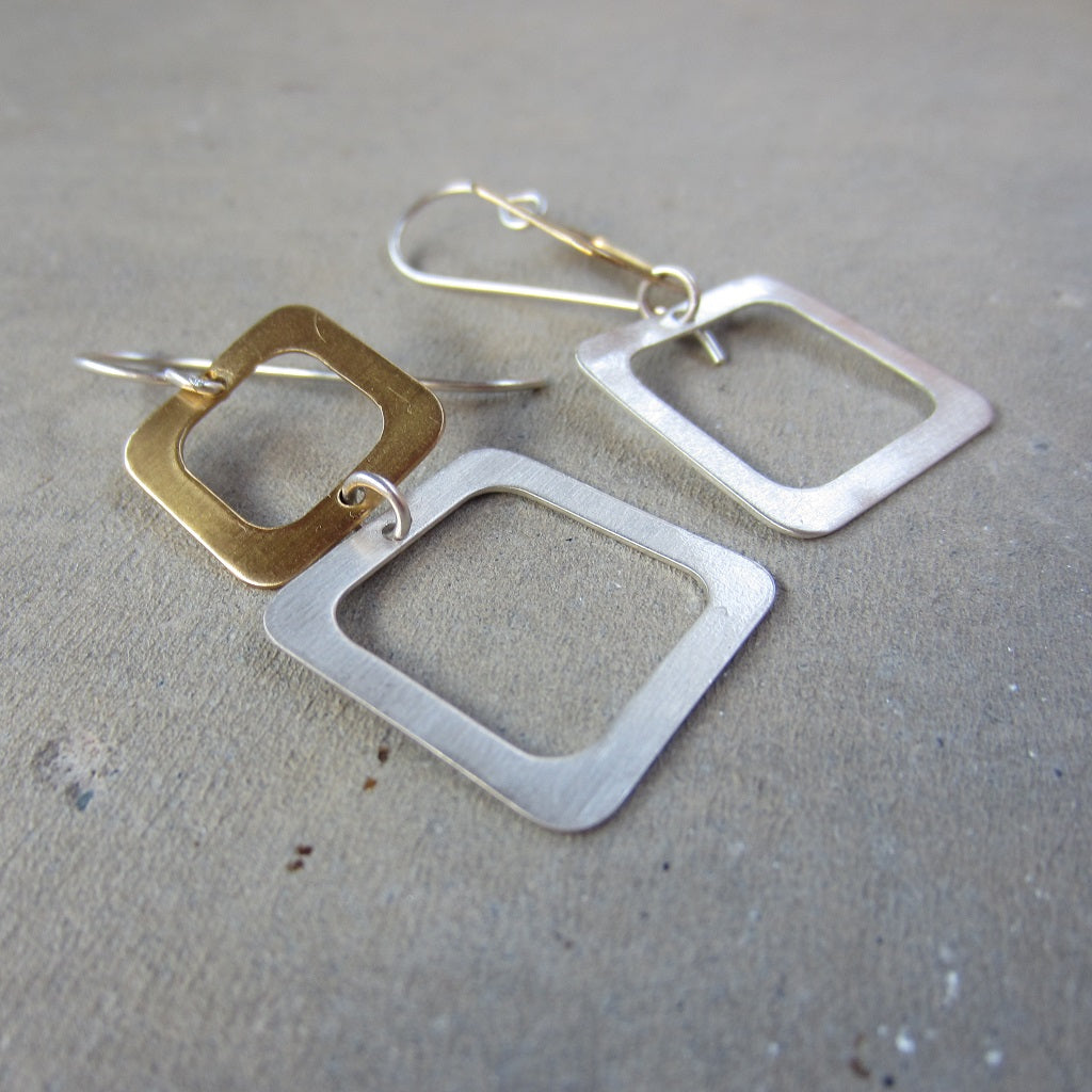 Silver and Brass Two Square Earrings