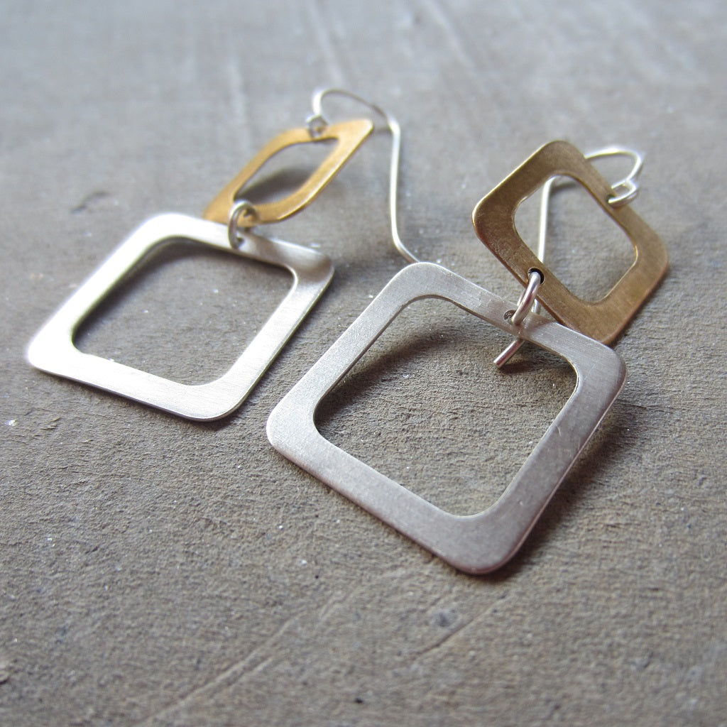 Silver and Brass Two Square Earrings