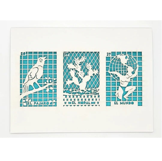 Laser Cut Greeting Card: 3 on 1 Loteria - El Pajaro, El Nopal, El Mundo