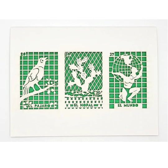 Laser Cut Greeting Card: 3 on 1 Loteria - El Pajaro, El Nopal, El Mundo