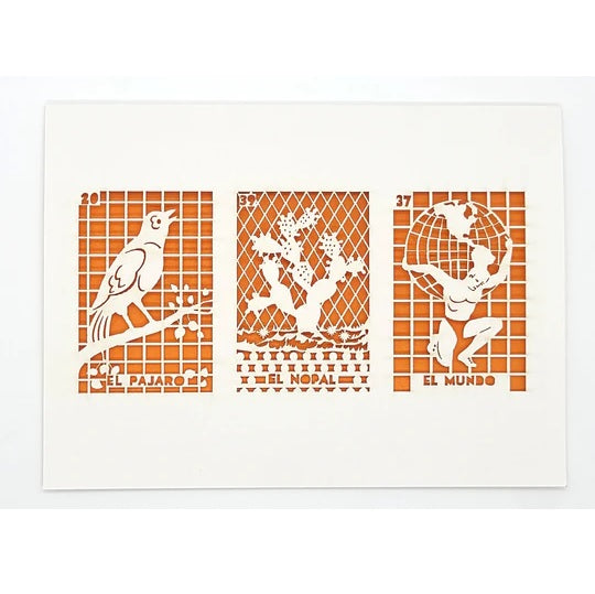 Laser Cut Greeting Card: 3 on 1 Loteria - El Pajaro, El Nopal, El Mundo