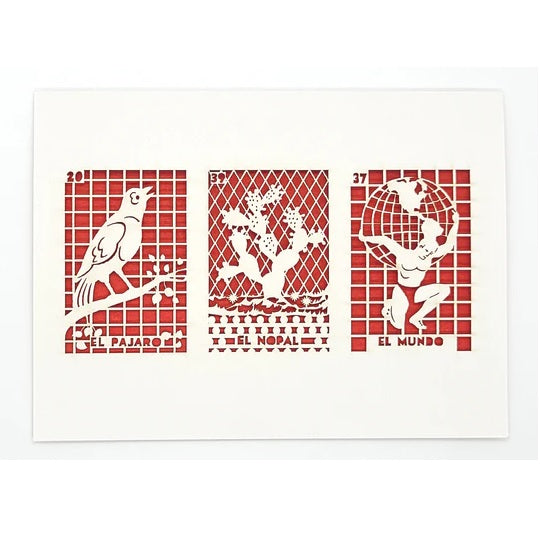 Laser Cut Greeting Card: 3 on 1 Loteria - El Pajaro, El Nopal, El Mundo