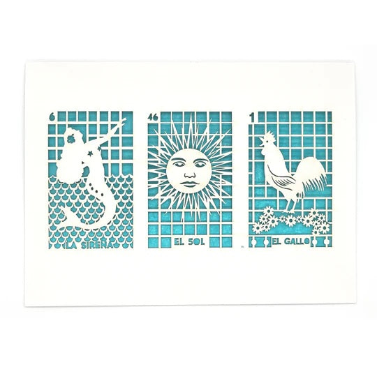Laser Cut Greeting Card: 3 on 1 Loteria - La Sirena, El Sol, El Gallo