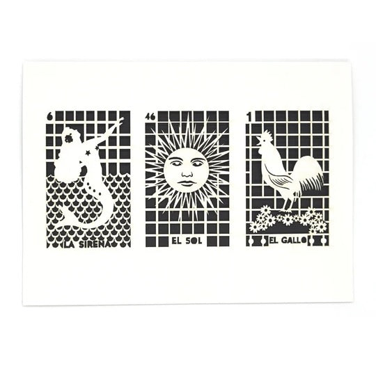 Laser Cut Greeting Card: 3 on 1 Loteria - La Sirena, El Sol, El Gallo